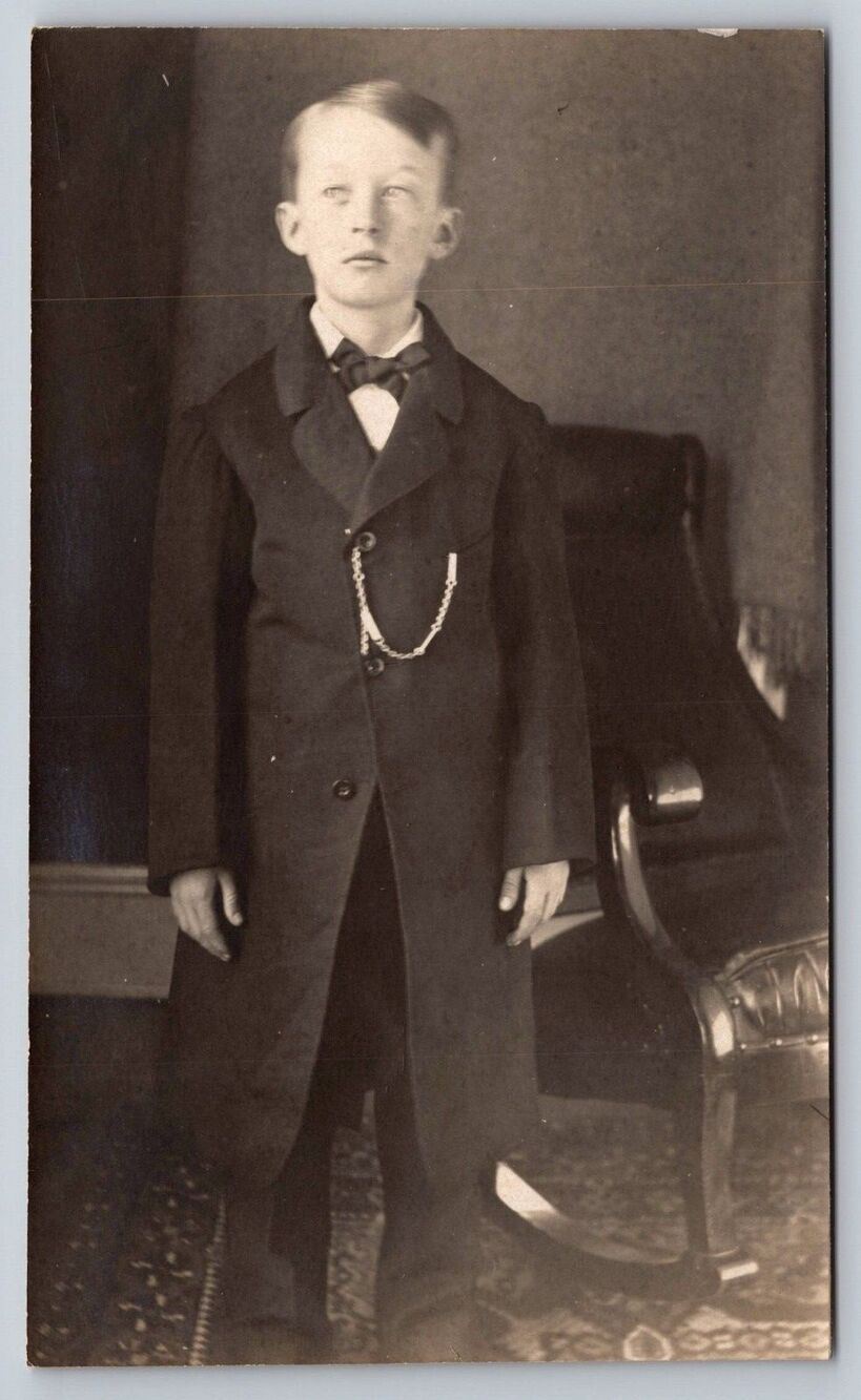 Antique RPPC Real Photo Postcard Boy Portrait Frock Coat Watch Chain 1904-1918